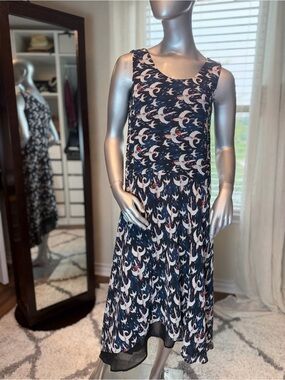 Jucy Judy Bird Print Midi Dress Small Navy Sleeveless Sheer Hem Y2K Korean